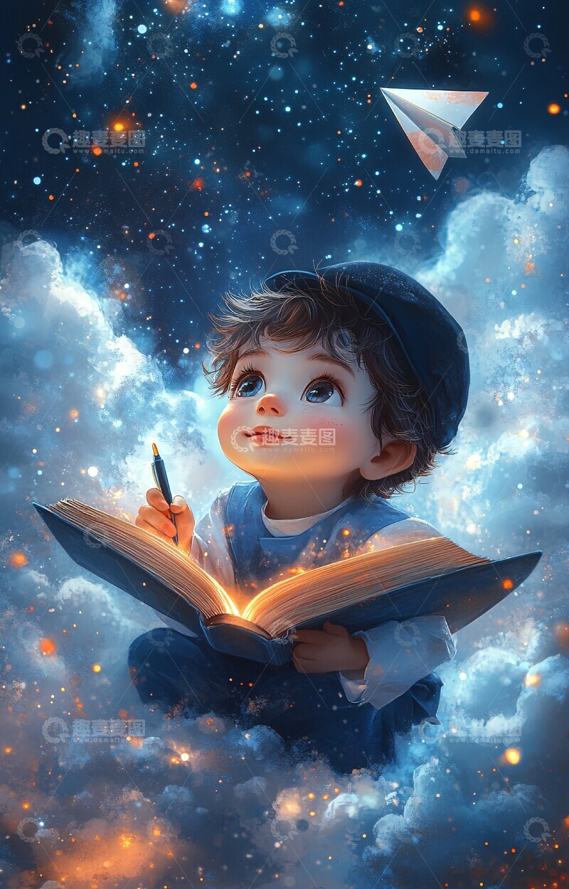 高清大图下载【趣麦麦图】男孩书上飞行写字1