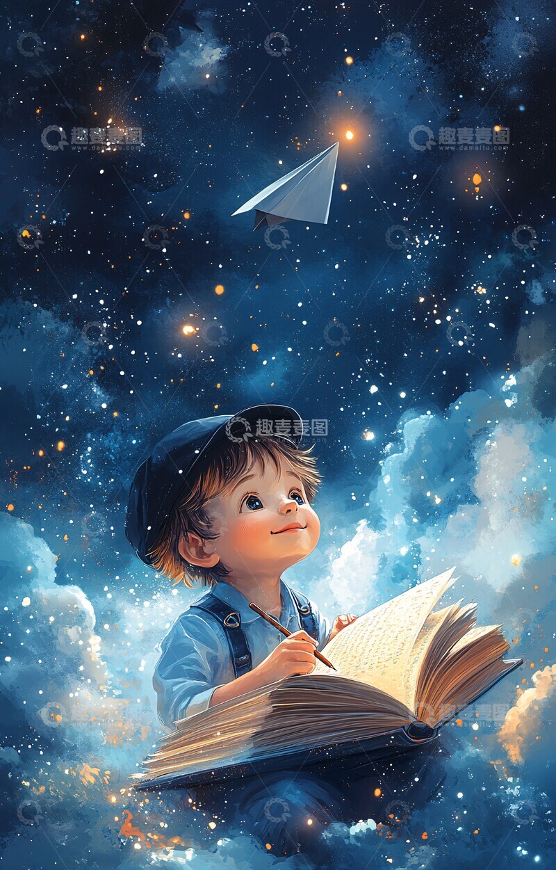高清大图下载【趣麦麦图】男孩书上飞行写字2