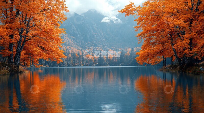 高清大图下载【趣麦麦图】秋林湖景季节背景景色1