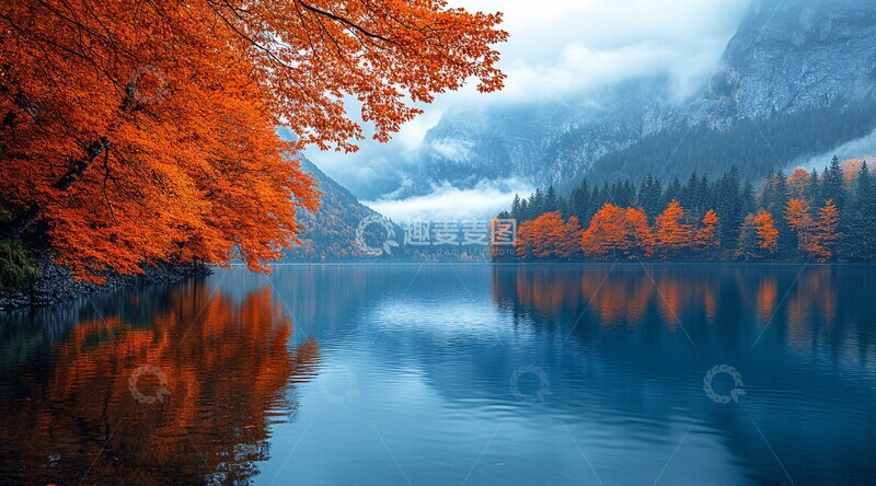 高清大图下载【趣麦麦图】湖畔秋林森林落叶树枝