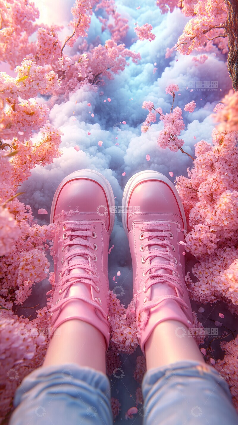 高清大图下载【趣麦麦图】粉色鞋子女孩与樱花