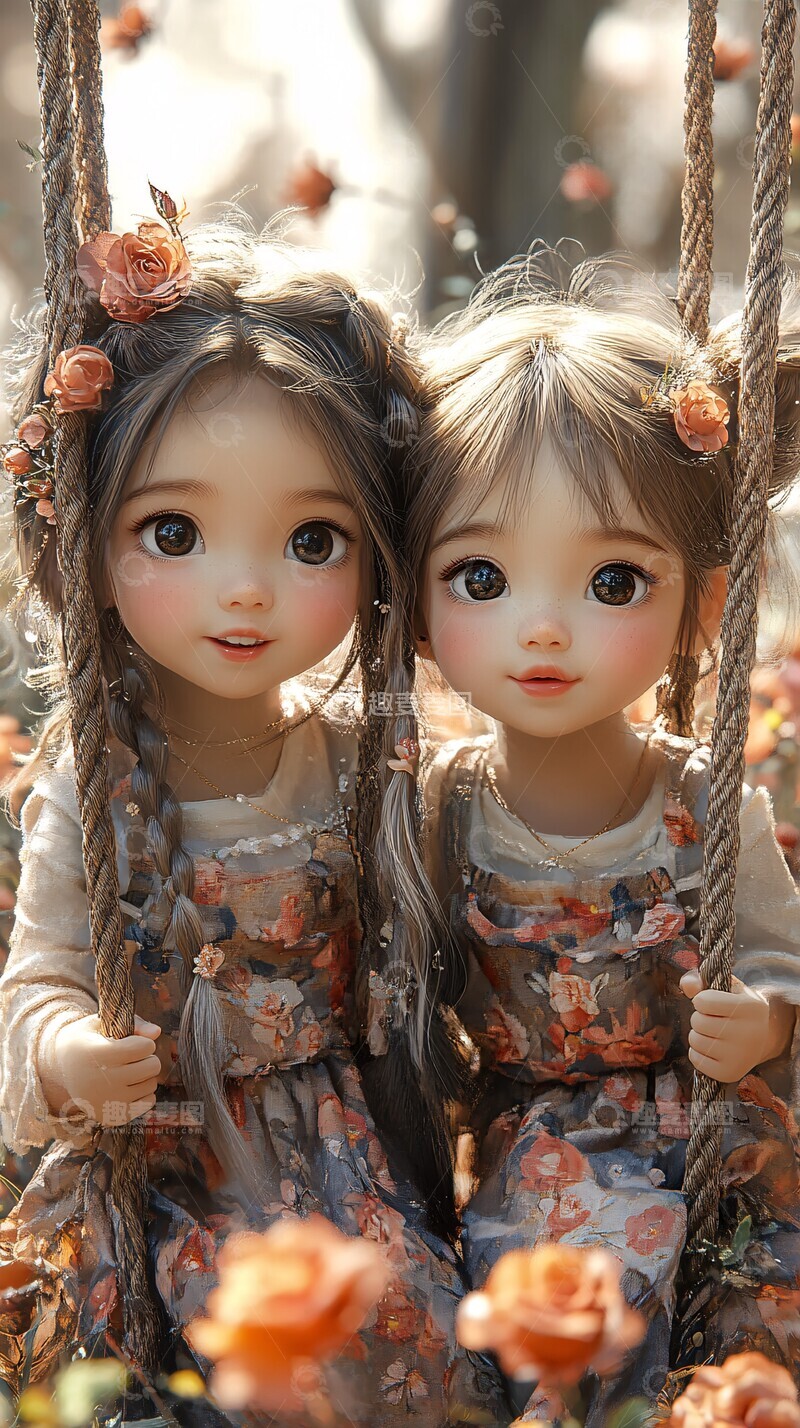 高清大图下载【趣麦麦图】双童花裙荡秋千1