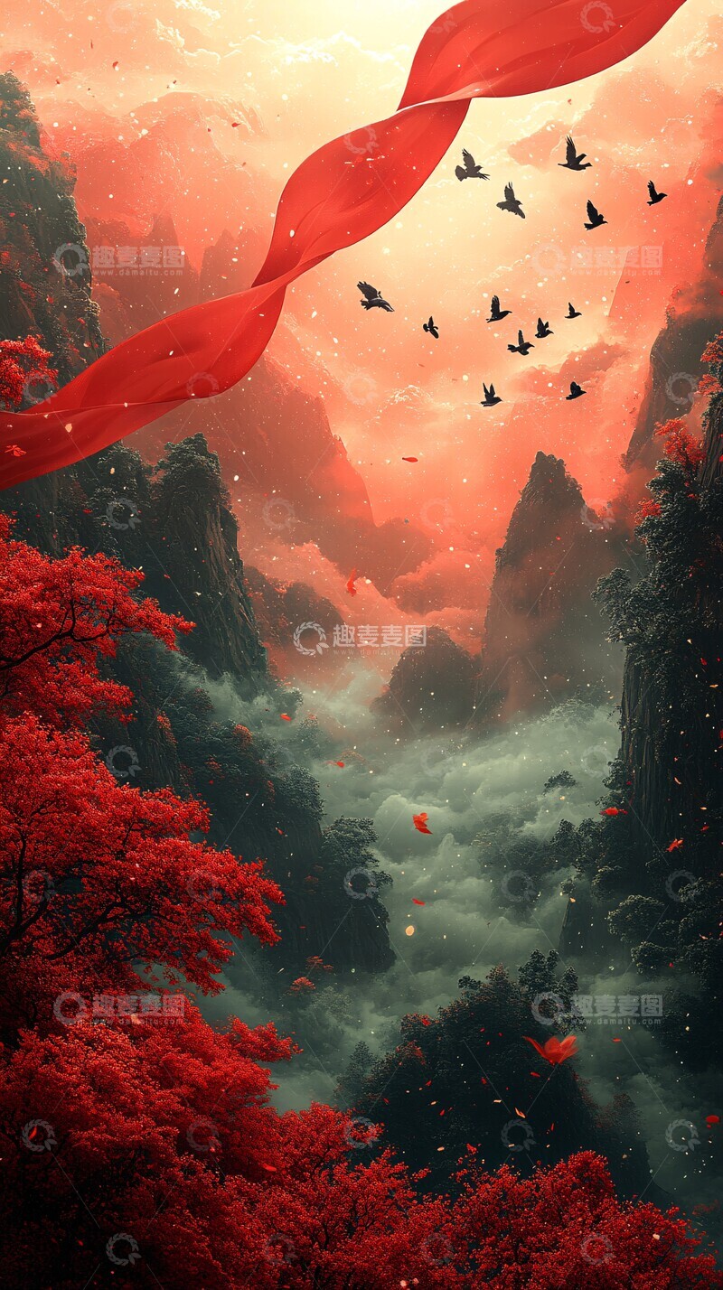 高清大图下载【趣麦麦图】红丝带云鸟图1