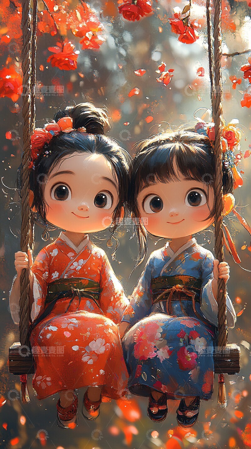高清大图下载【趣麦麦图】双童花裙荡秋千