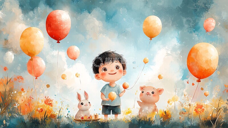 高清大图下载【趣麦麦图】男孩女孩与动物气球1