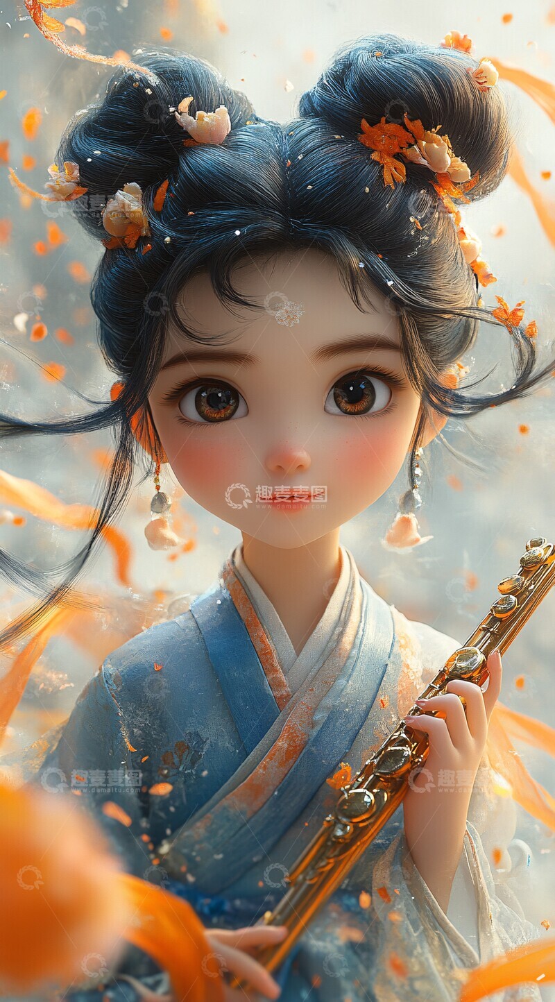 高清大图下载【趣麦麦图】飞舞的女孩与长笛1