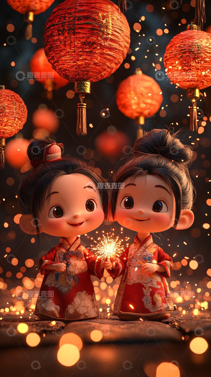 高清大图下载【趣麦麦图】儿童放烟花迎新年