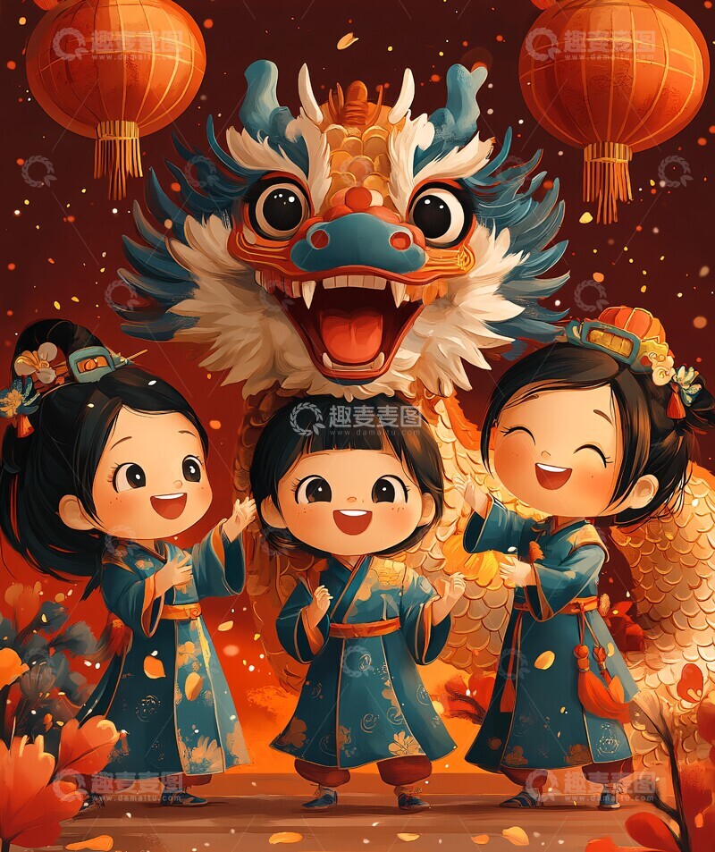 高清大图下载【趣麦麦图】-儿童舞龙庆新春