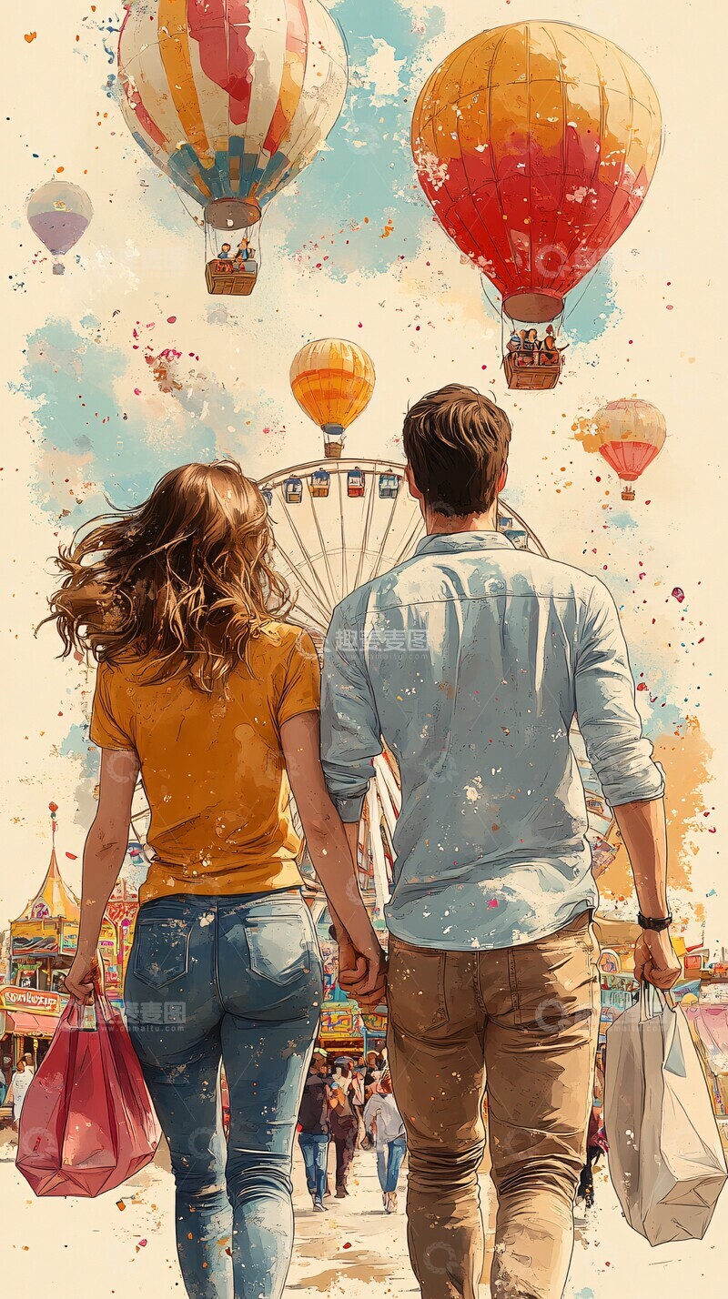 高清大图下载【趣麦麦图】夫妻牵手奔向摩天轮