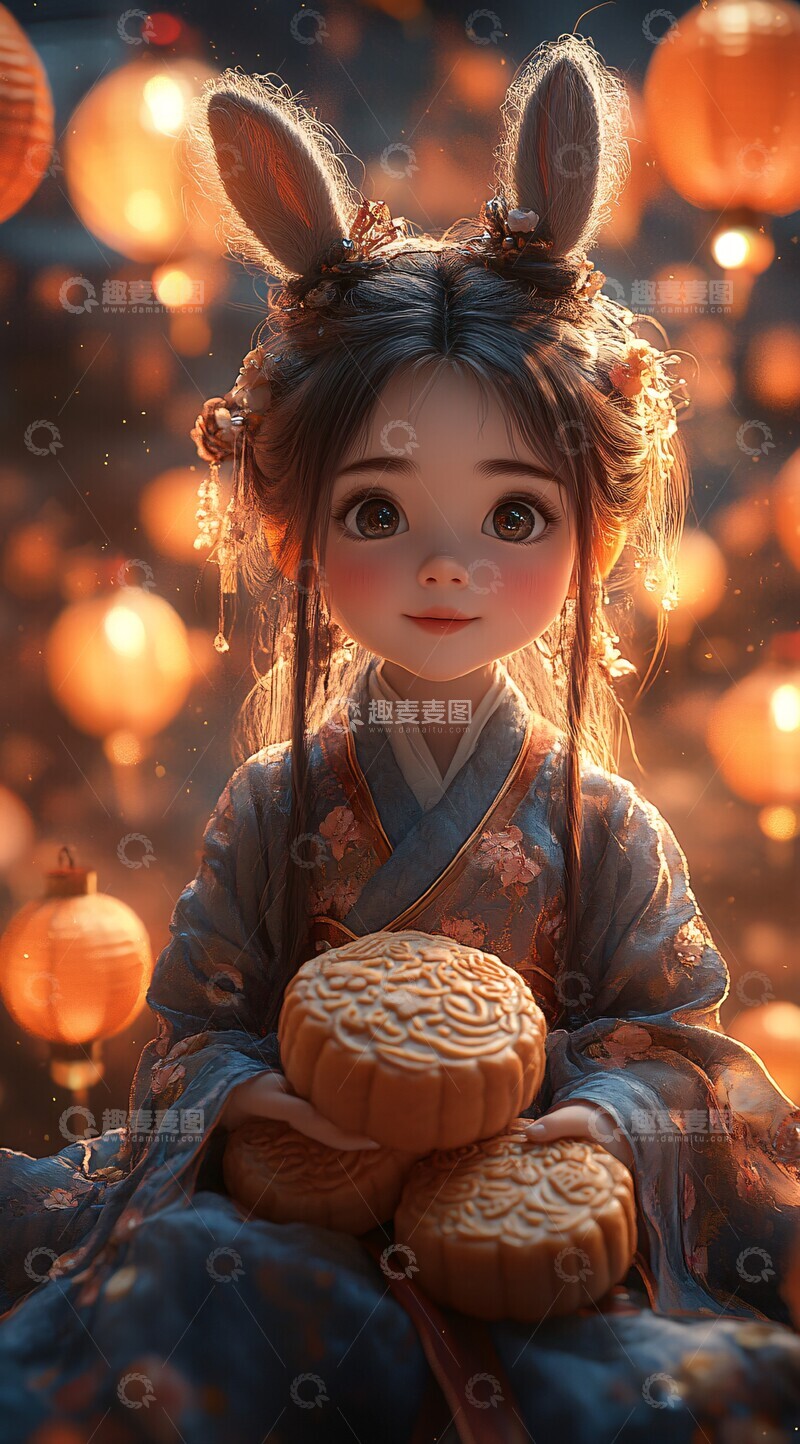 高清大图下载【趣麦麦图】兔耳女孩坐月餅