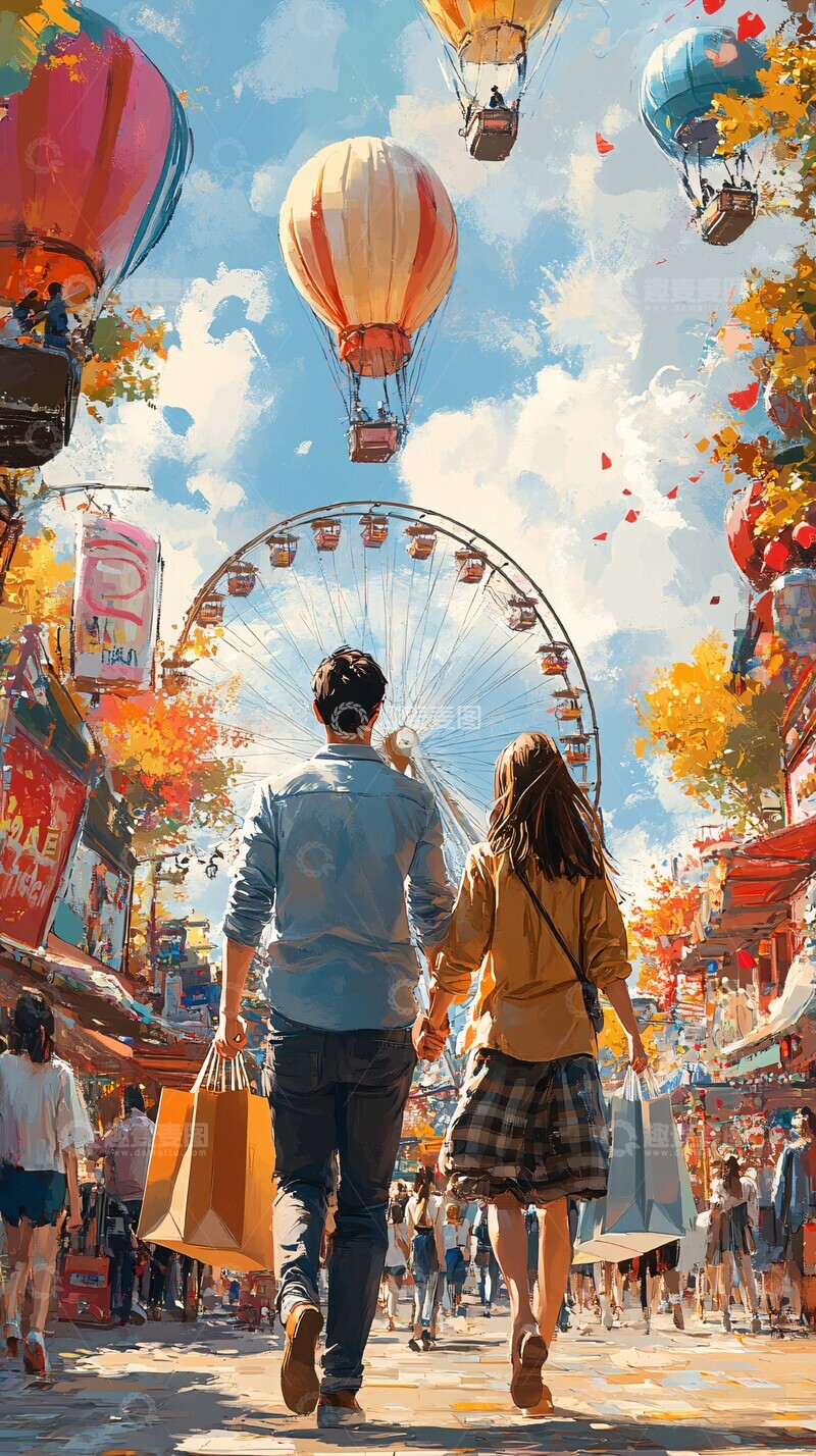 高清大图下载【趣麦麦图】夫妻牵手奔向摩天轮1