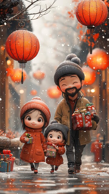 儿童与父母携礼行走