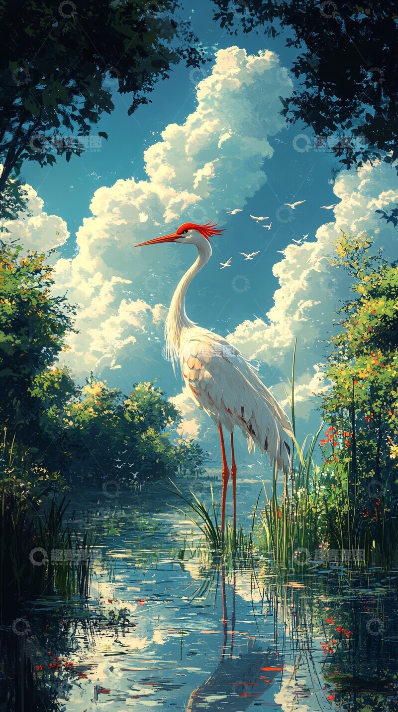 高清大图下载【趣麦麦图】翠湖蓝天鹭鸟立2