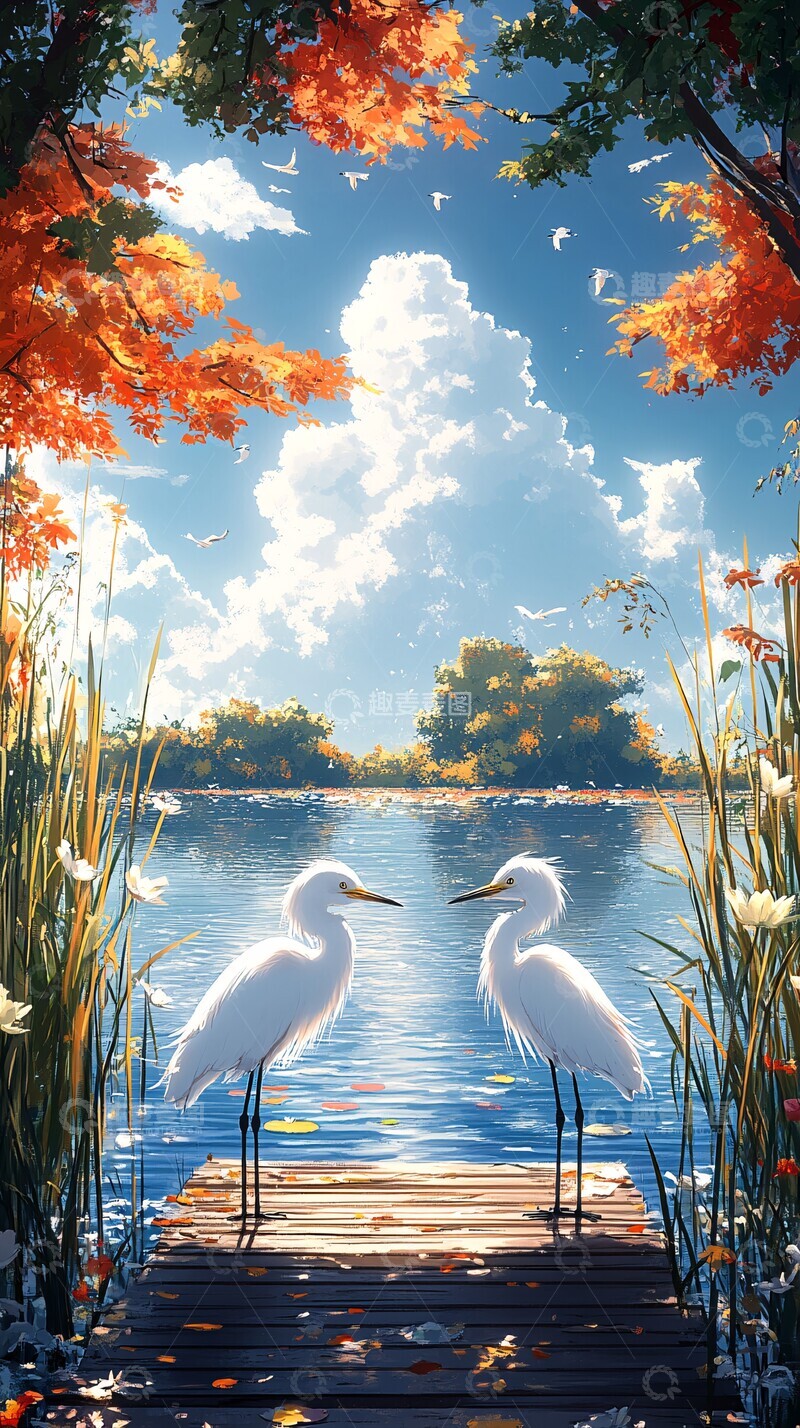高清大图下载【趣麦麦图】白鹭木桥湖景图1