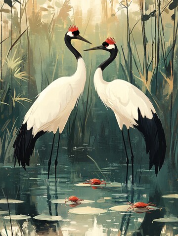 红冠鹤低头绿芦苇