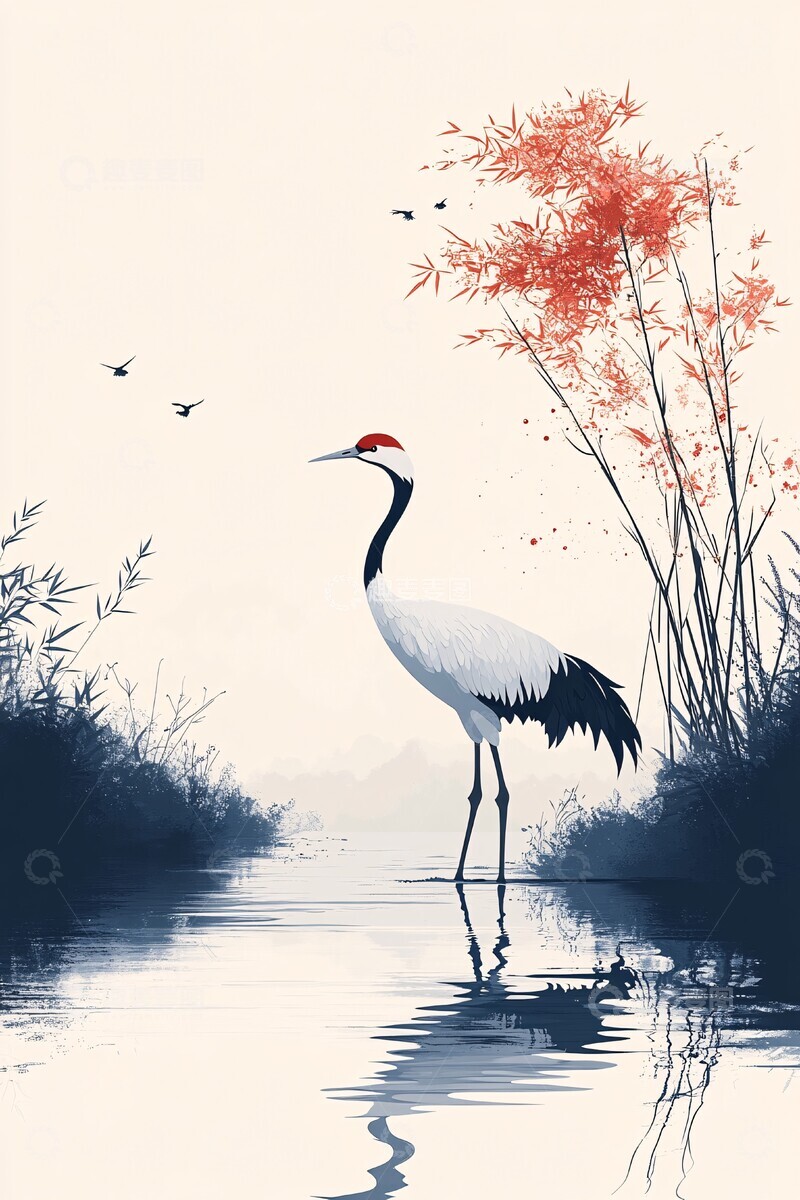 高清大图下载【趣麦麦图】竹间蓝鹤图蓝色灰色天空1