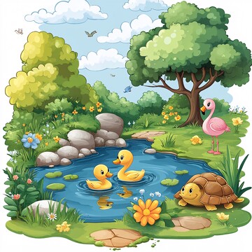 湖边小景鸭子火烈鸟小路1