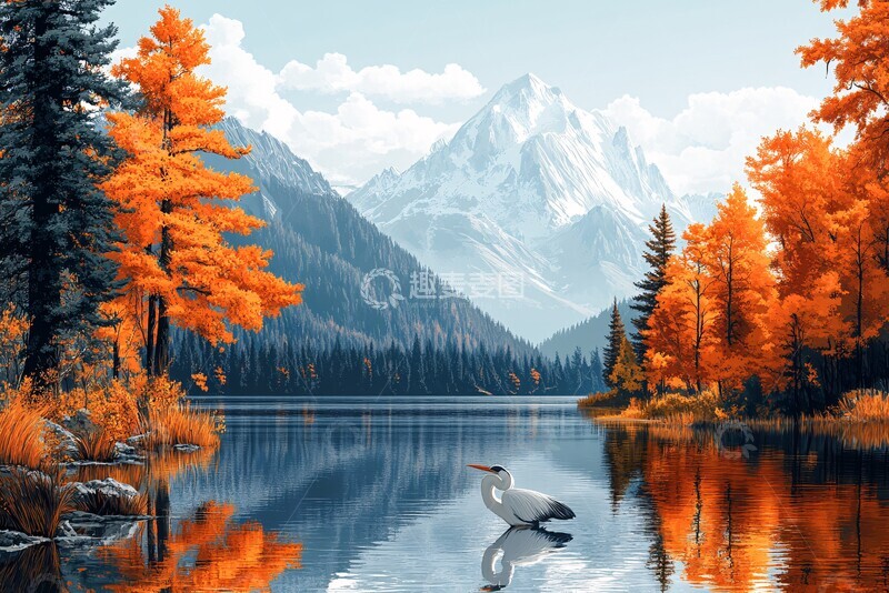 高清大图下载【趣麦麦图】湖山鹭影前景背景场景1