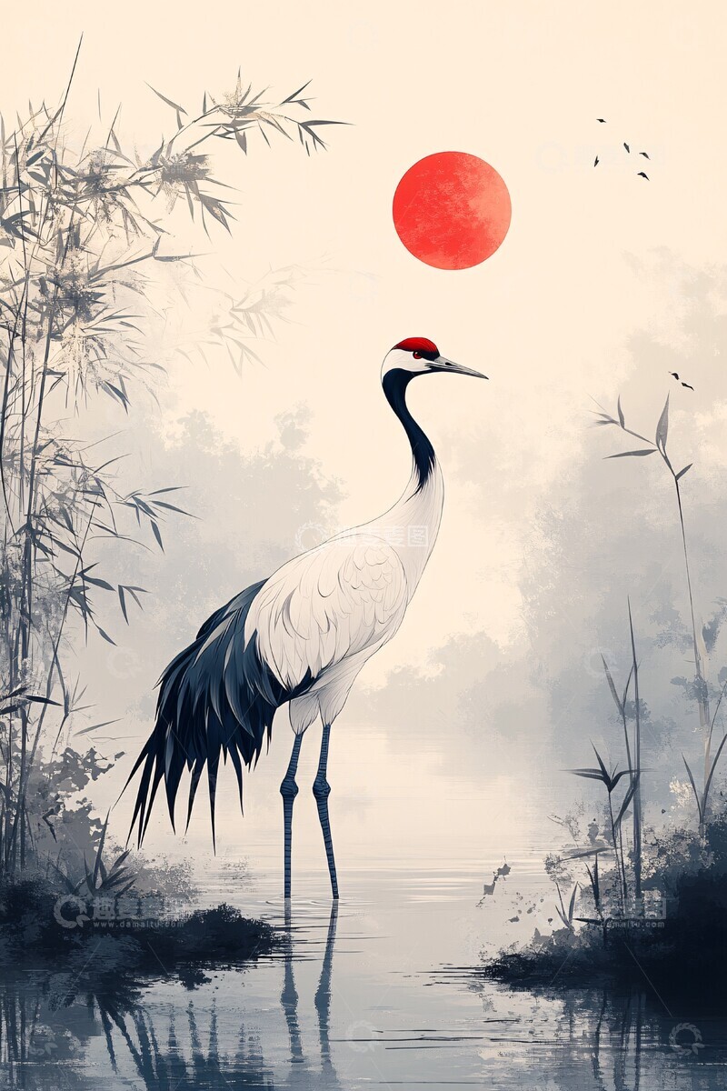 高清大图下载【趣麦麦图】竹间蓝鹤图蓝色灰色天空2