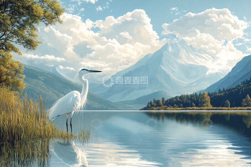 高清大图下载【趣麦麦图】湖山鹭影前景背景场景2
