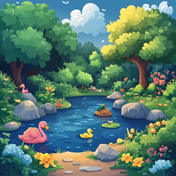 湖边小景鸭子火烈鸟小路