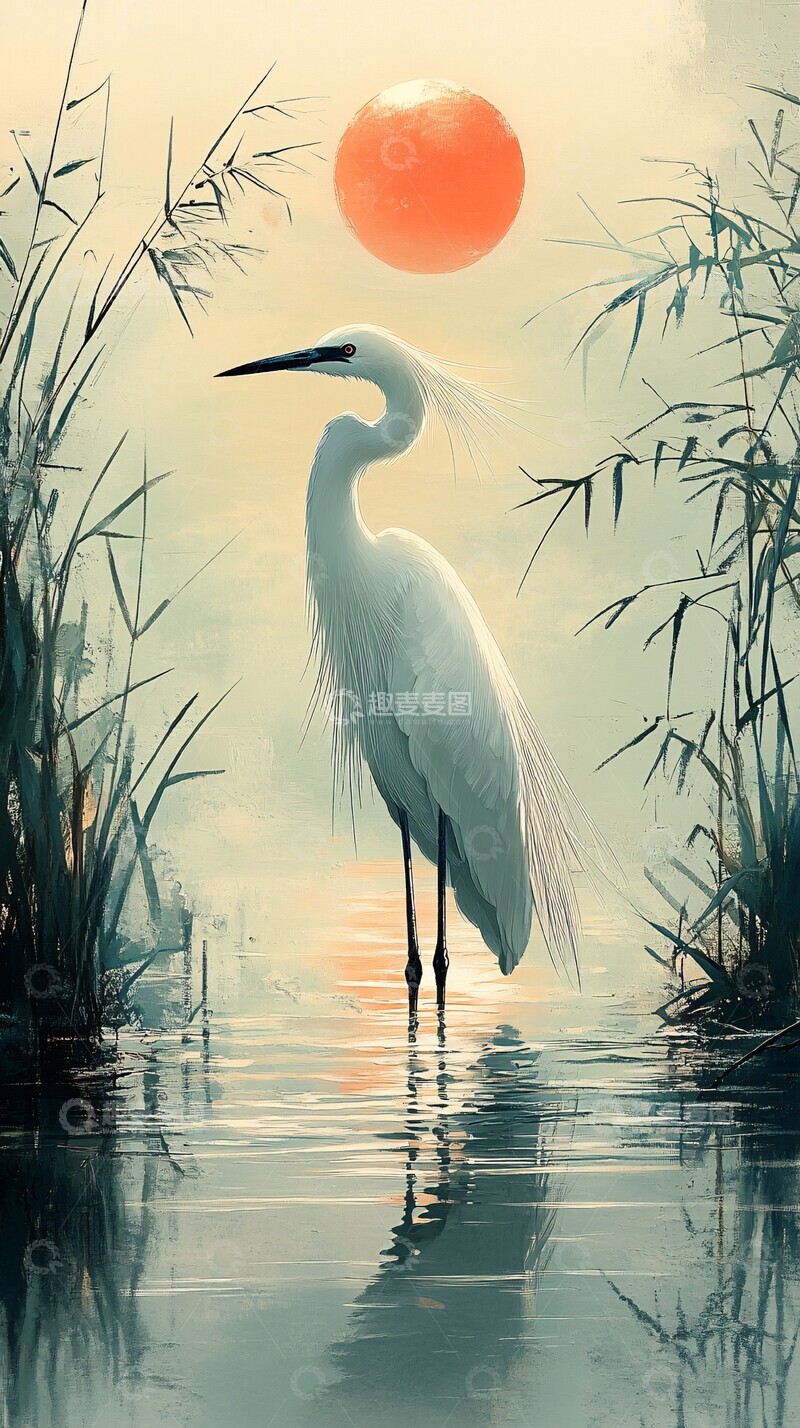高清大图下载【趣麦麦图】水草与白鹭白鹭阳光水面