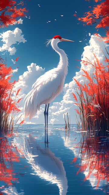 翠湖蓝天鹭鸟立