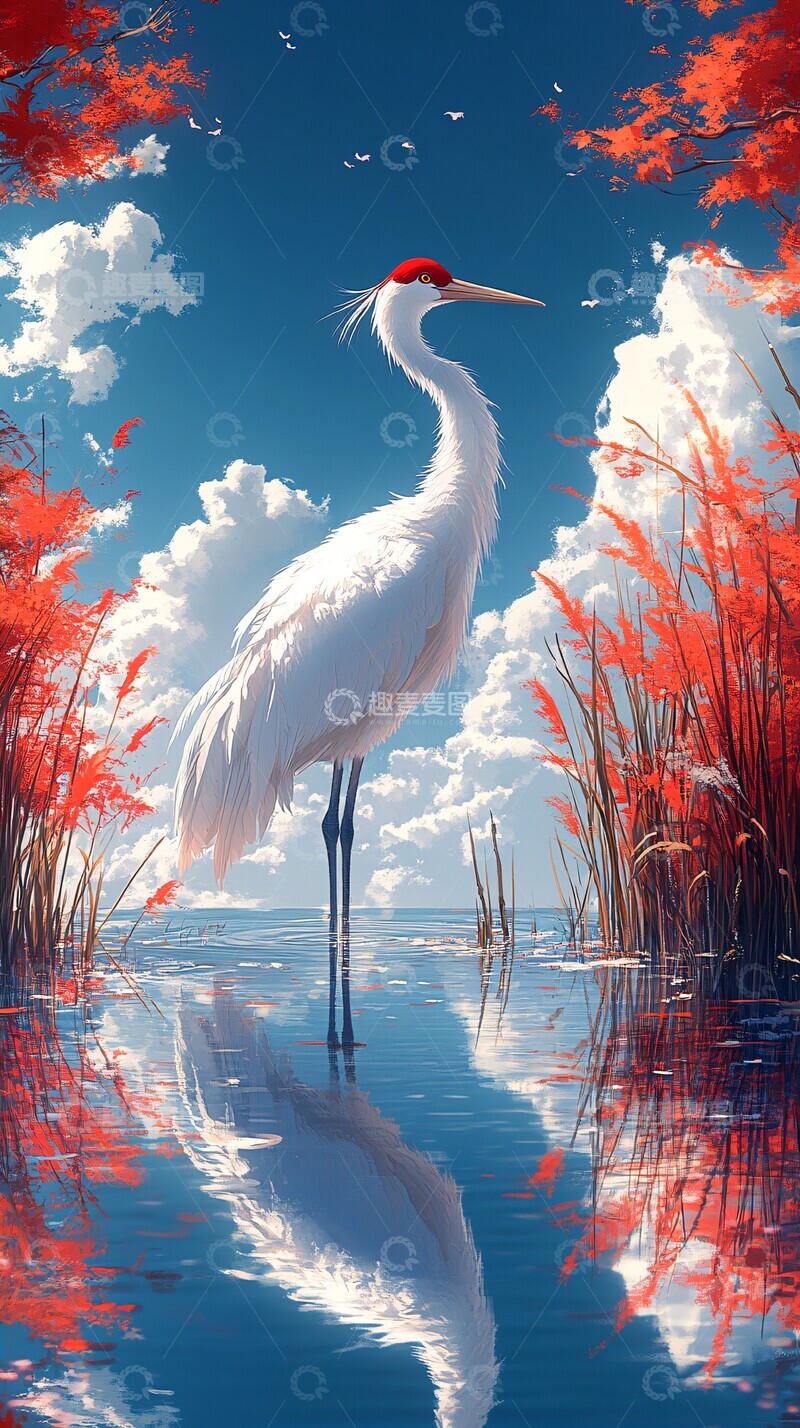 高清大图下载【趣麦麦图】翠湖蓝天鹭鸟立