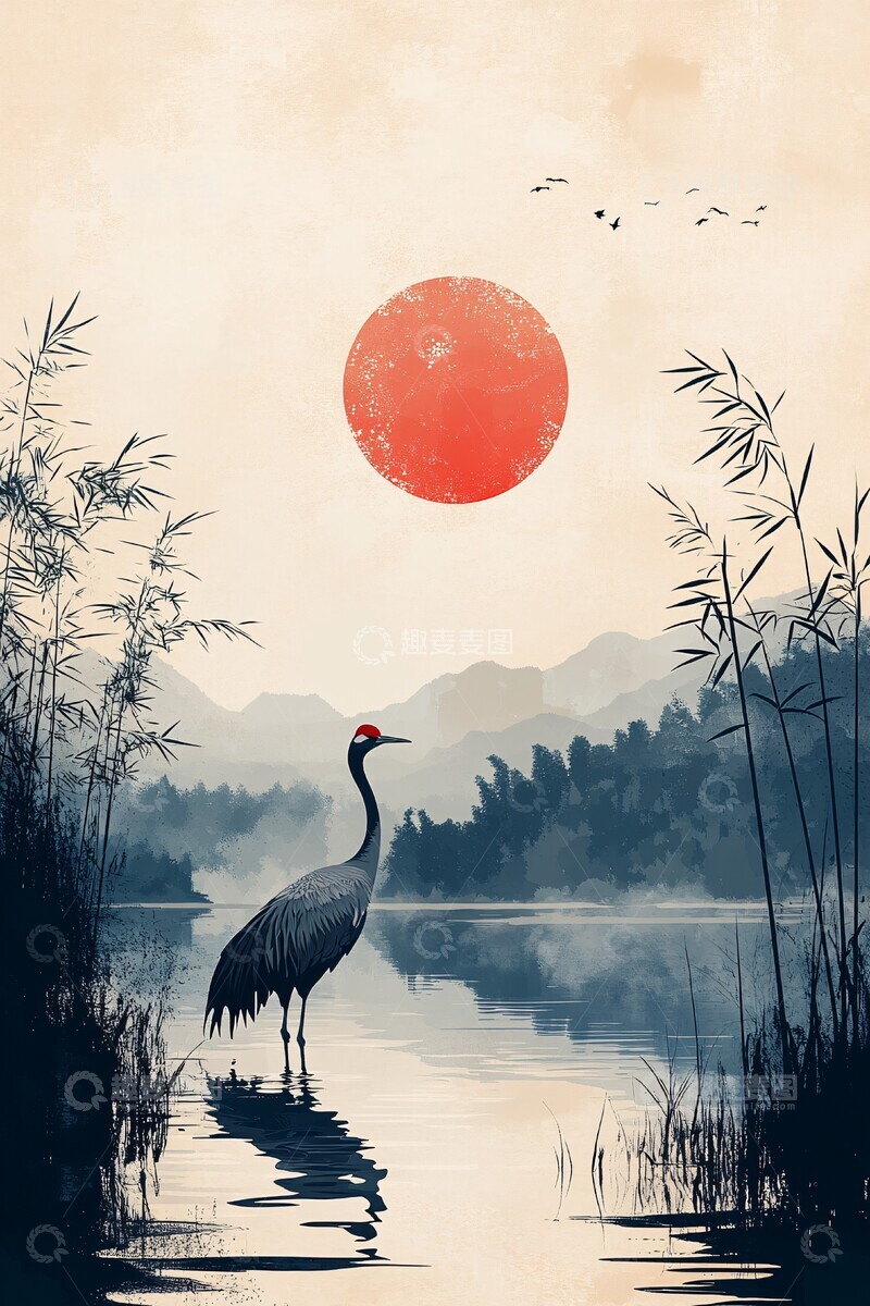 高清大图下载【趣麦麦图】竹间蓝鹤图蓝色灰色天空