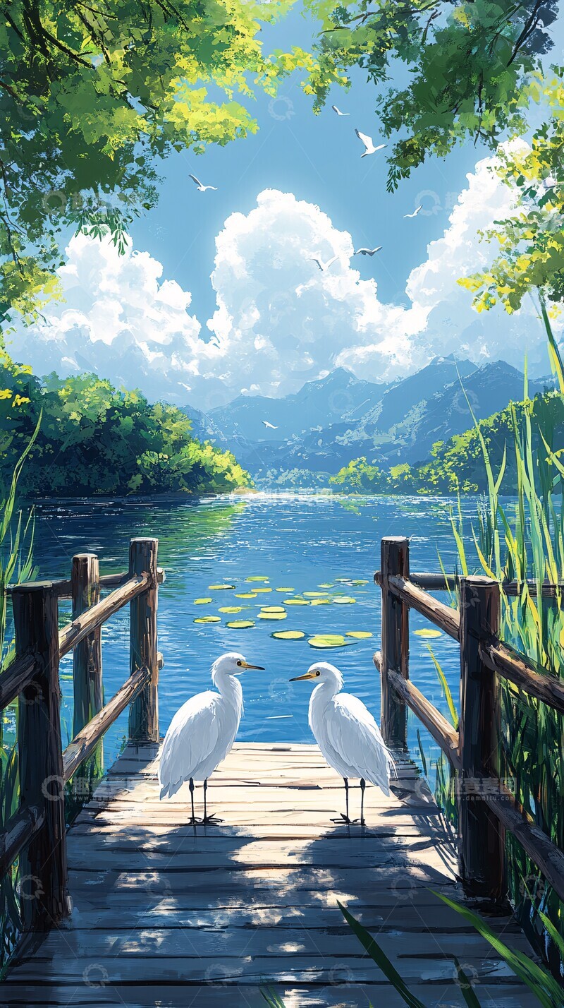 高清大图下载【趣麦麦图】白鹭木桥湖景图
