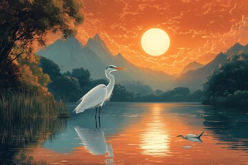 湖山鹭影前景背景场景