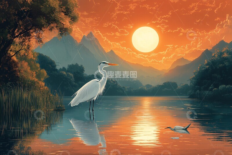 高清大图下载【趣麦麦图】湖山鹭影前景背景场景