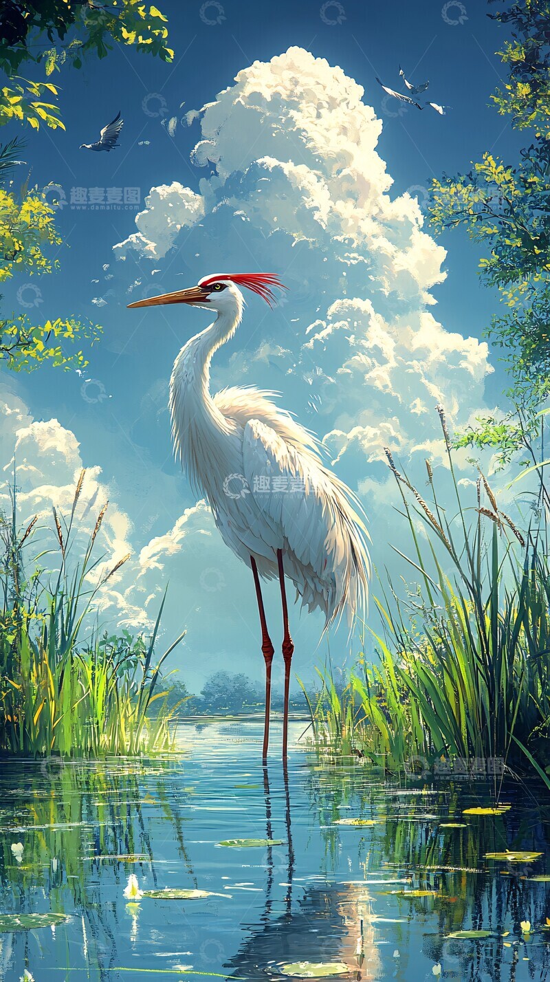 高清大图下载【趣麦麦图】翠湖蓝天鹭鸟立1