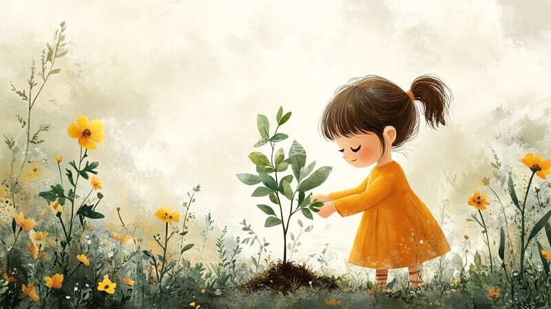 高清大图下载【趣麦麦图】小女孩种树图