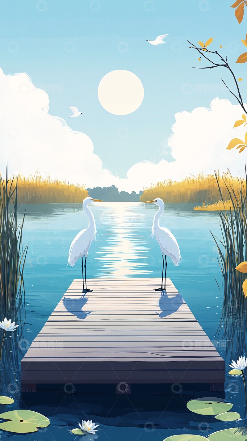 高清大图下载【趣麦麦图】湖面白鹭木桥