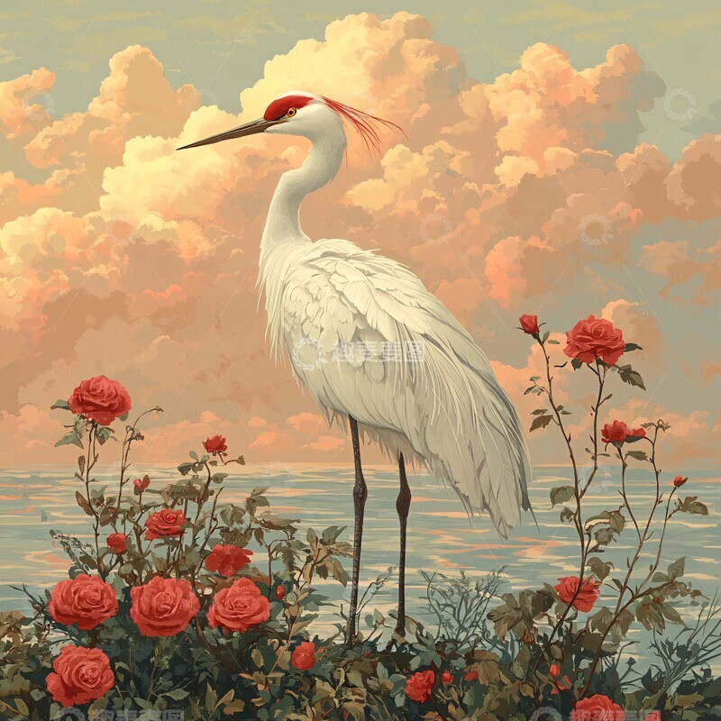 高清大图下载【趣麦麦图】鹤鸟珊瑚玫瑰图2