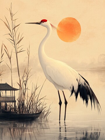 白鹤立船头白鹤芦苇水面