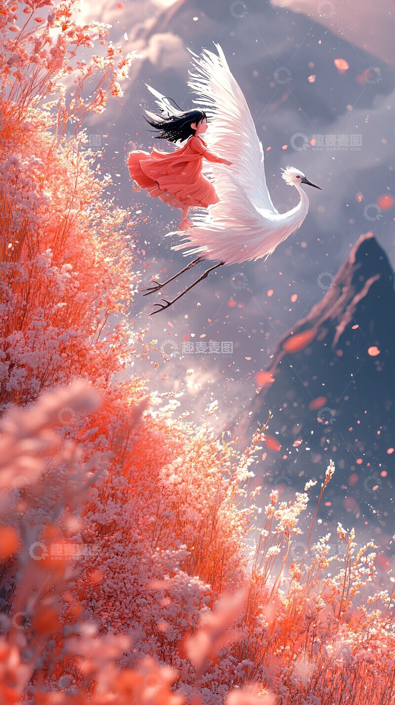 高清大图下载【趣麦麦图】小女孩乘鹤飞翔