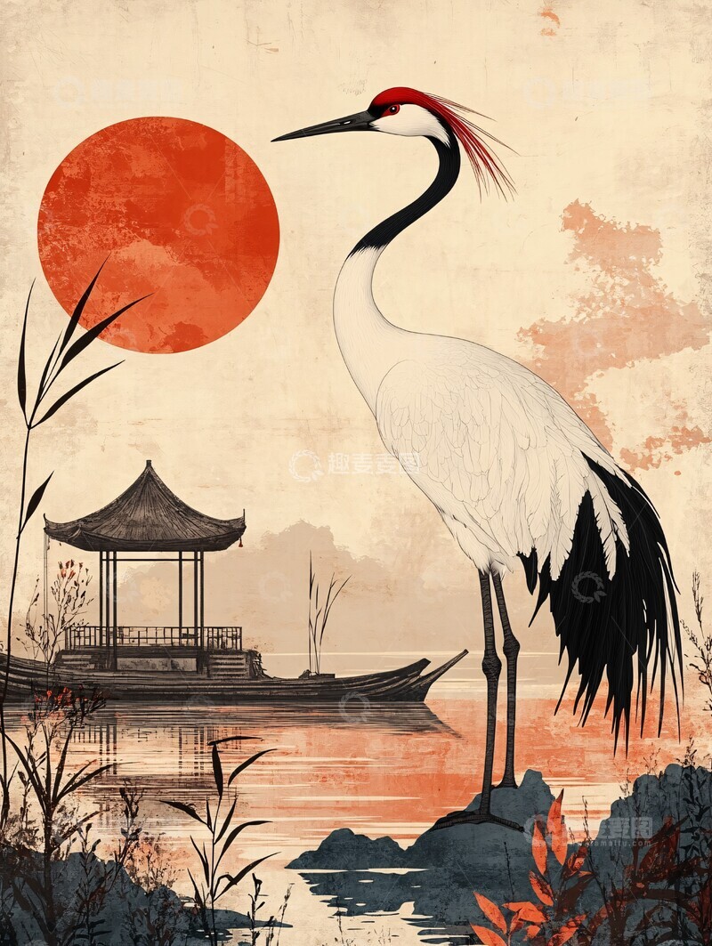 高清大图下载【趣麦麦图】白鹤立船头白鹤芦苇水面1