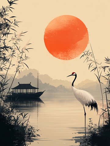 白鹤立船头白鹤芦苇水面2