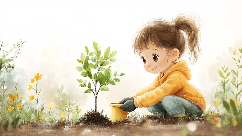 高清大图下载【趣麦麦图】小女孩种树图2