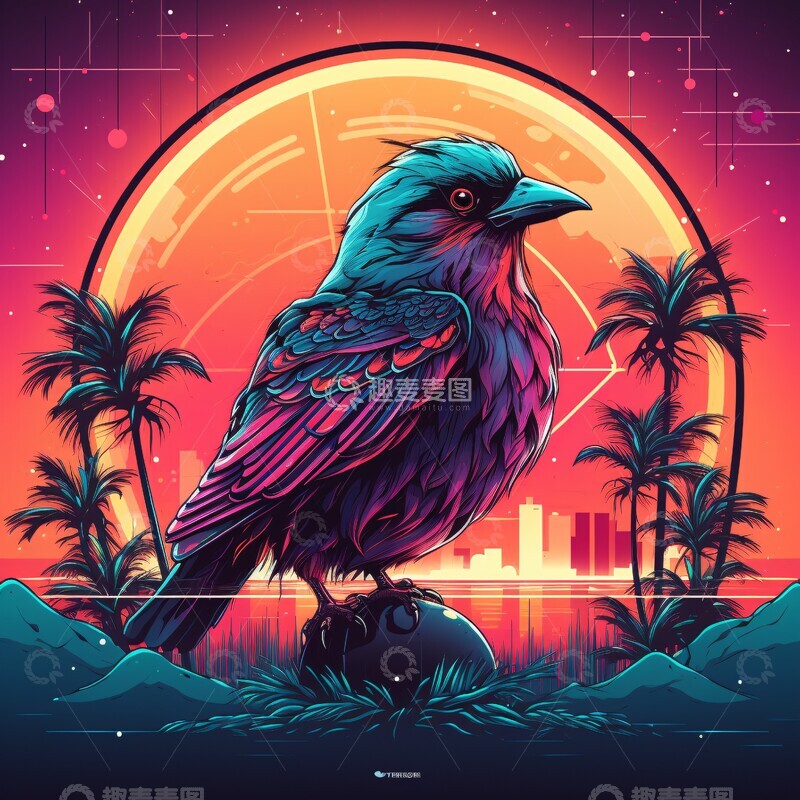 高清大图下载【趣麦麦图】鸟鸣向晚晚霞波纹图形2