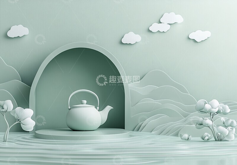 高清大图下载【趣麦麦图】浮空茶壶山水图1