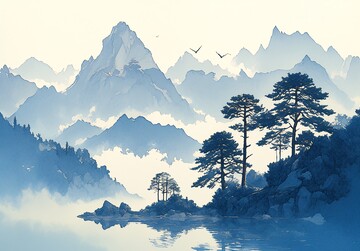 松影云湖松树云雾湖泊2