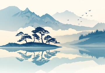 松影云湖松树云雾湖泊1