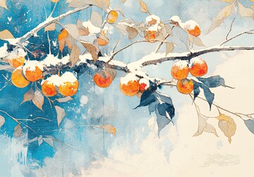 柿子挂枝雪中景
