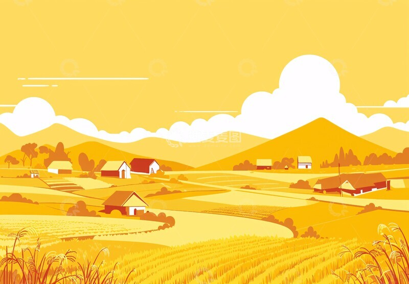 高清大图下载【趣麦麦图】稻田小屋风景图