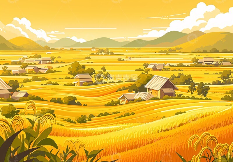 高清大图下载【趣麦麦图】稻田小屋风景图2