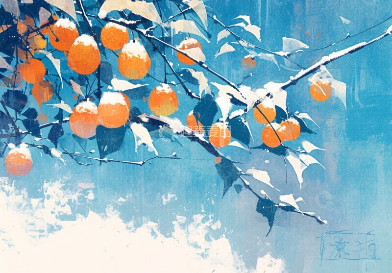 高清大图下载【趣麦麦图】柿子挂枝雪中景1