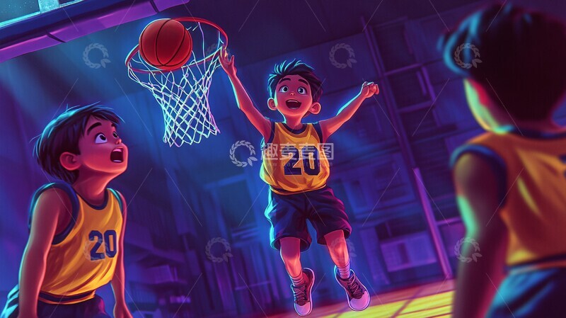 高清大图下载【趣麦麦图】-三男孩室内篮球